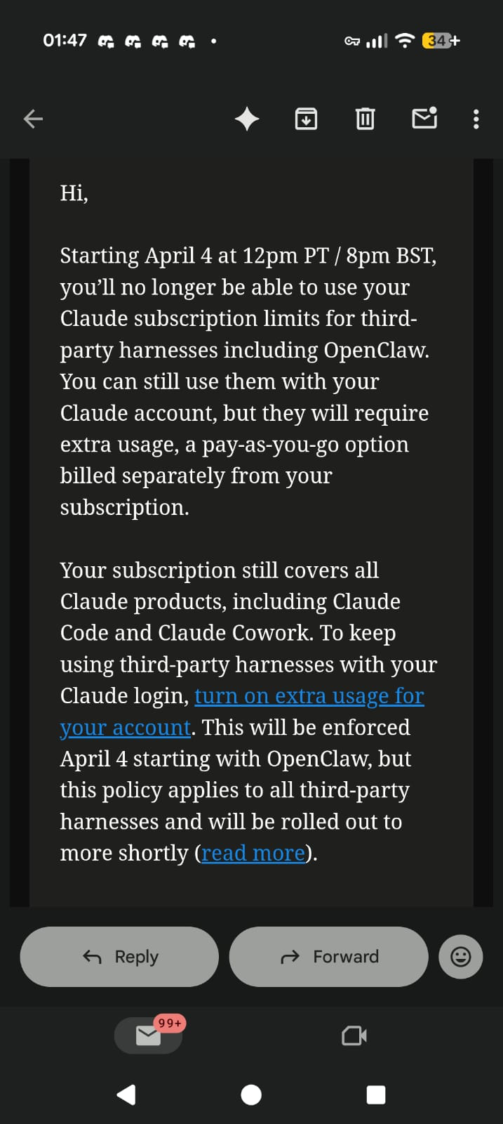 Anthropic email about third-party harness limits