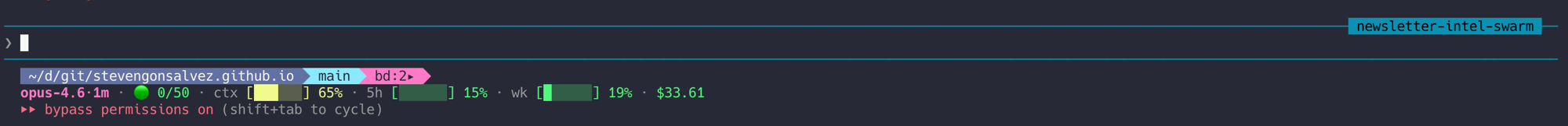 Claude Code statusline - powerline segments showing cwd, git branch, beads count, model, turn count, context %, 5h %, weekly %, session cost