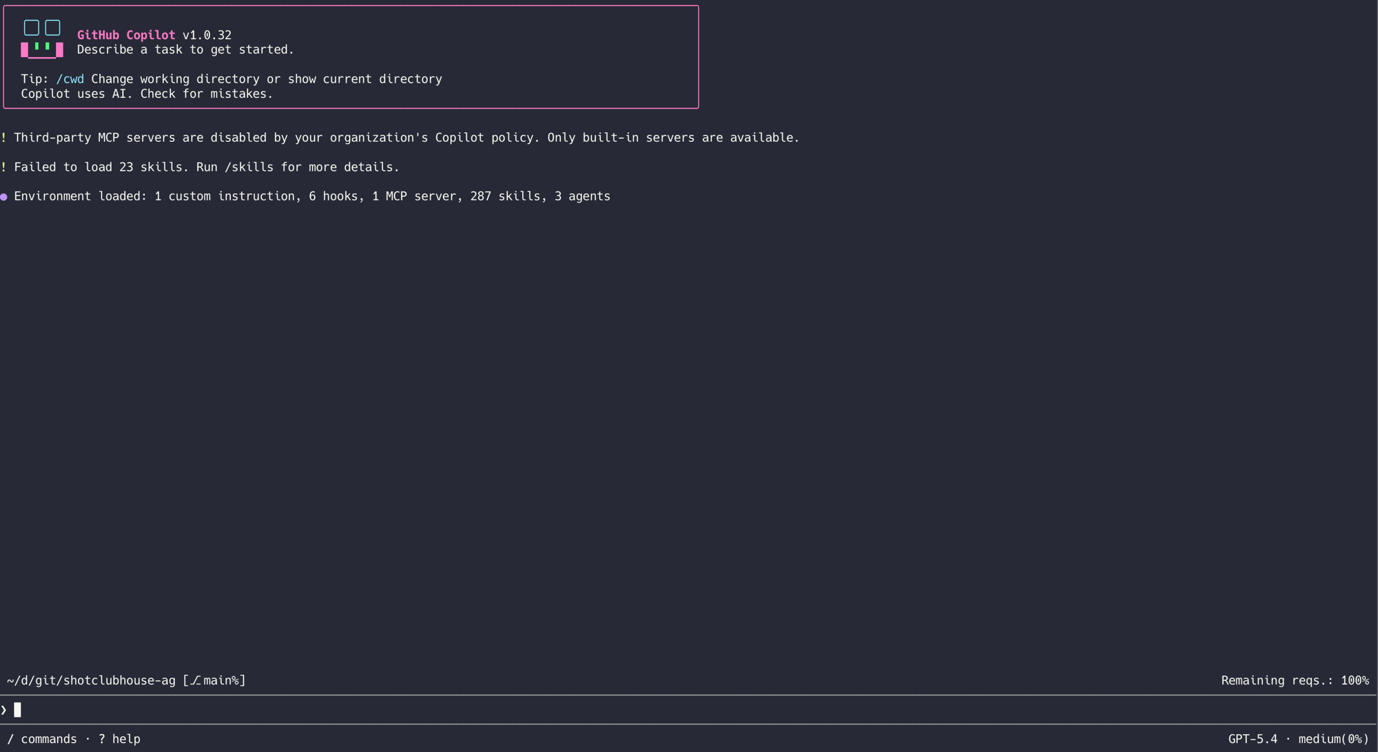 Copilot statusline - model, remaining requests, cwd, git branch