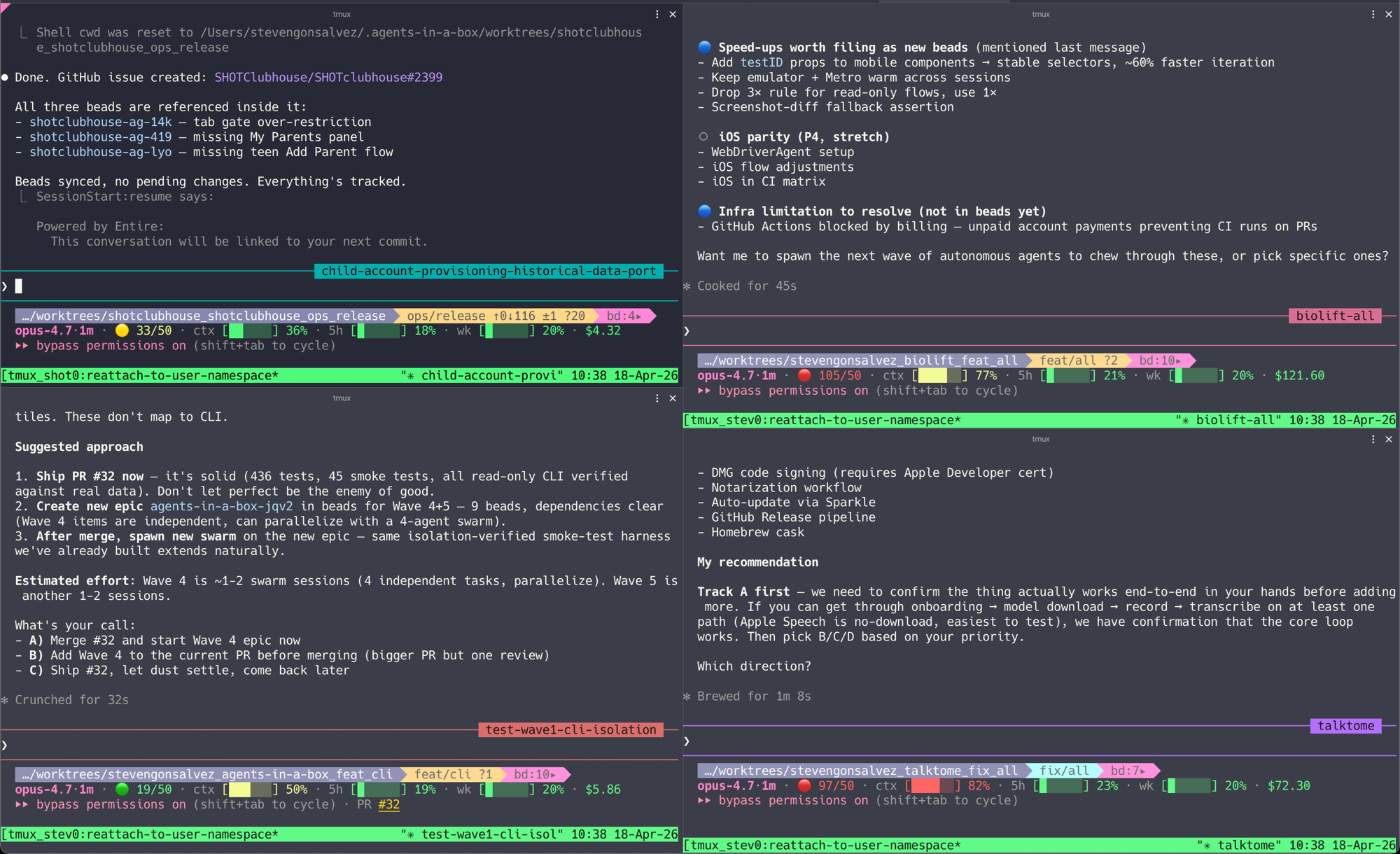 Four Claude Code agents in tmux, each with full statusline showing different progress states