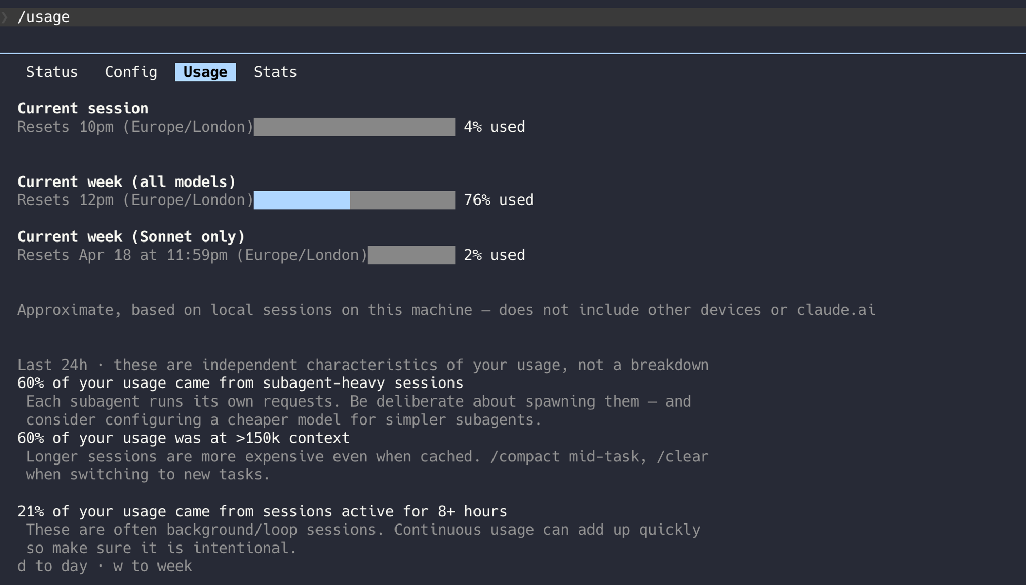 Claude Code /usage showing session analysis - subagent %, context %, long session %