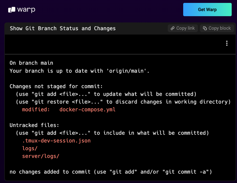 Example of a Warp block shared as a hosted page showing git status output