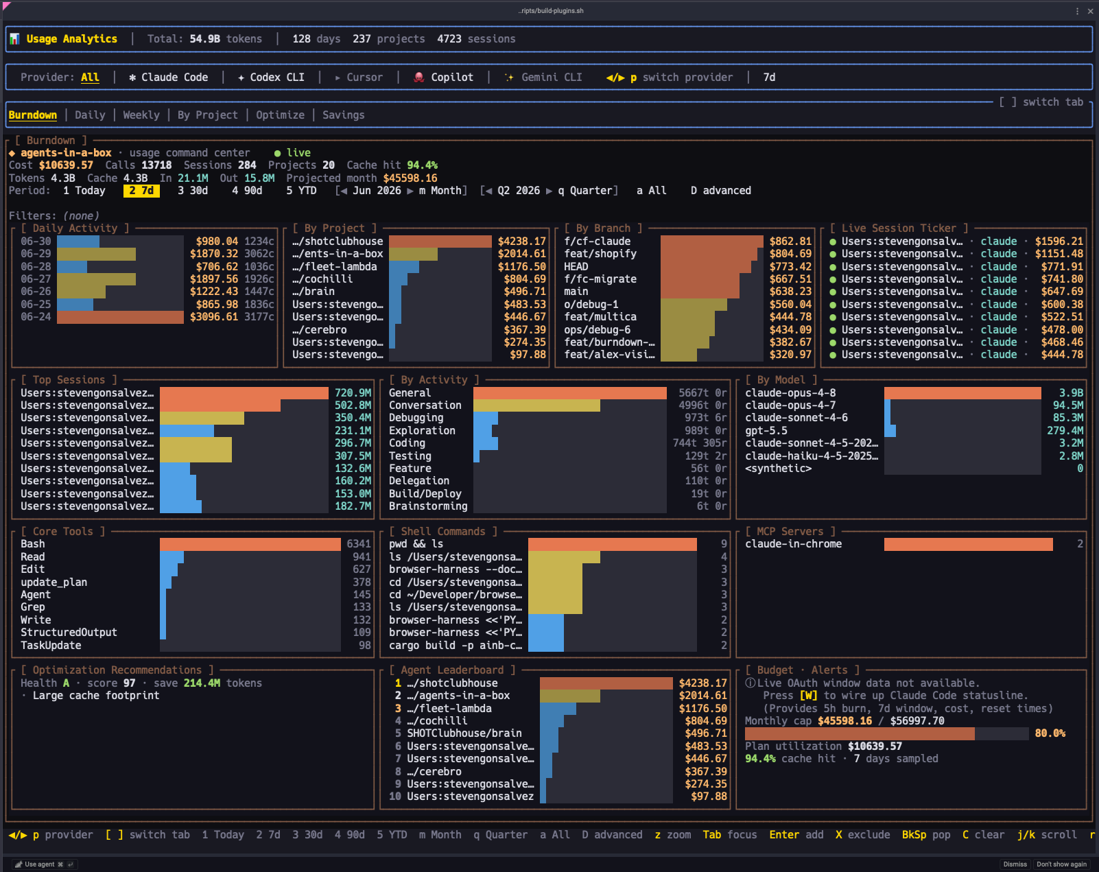 burndown TUI: cost, cache hit, breakdowns by project, branch, model, tools, budget alerts