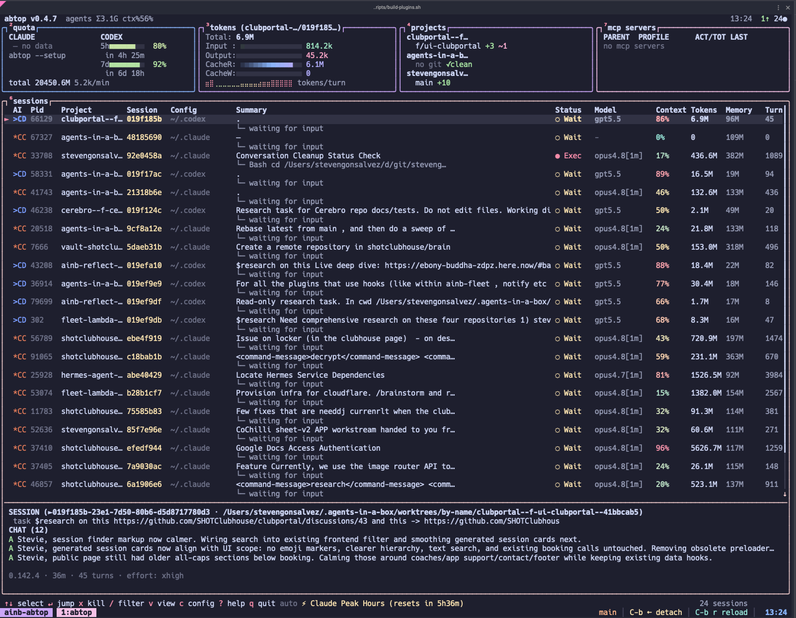 abtop live view: every running session with context %, tokens, memory and turn count