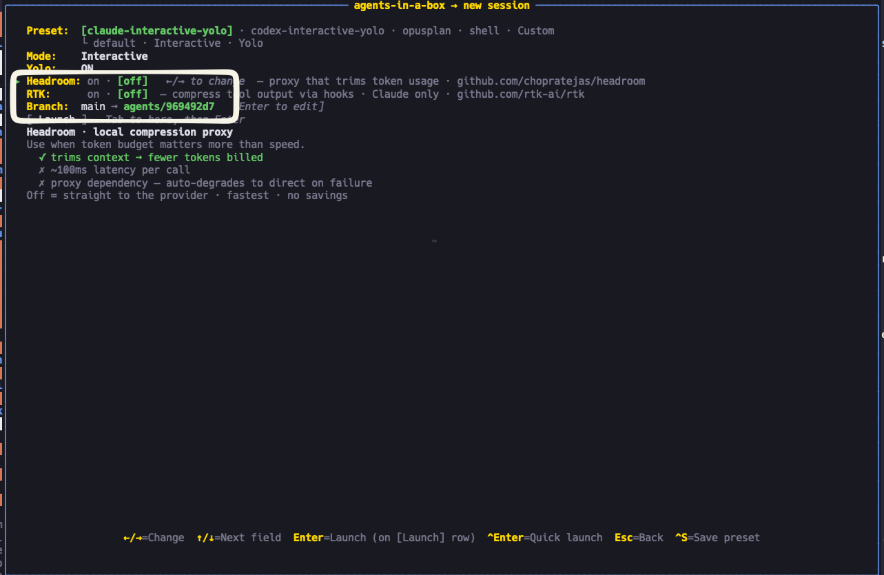 new-session screen with Headroom and RTK toggles