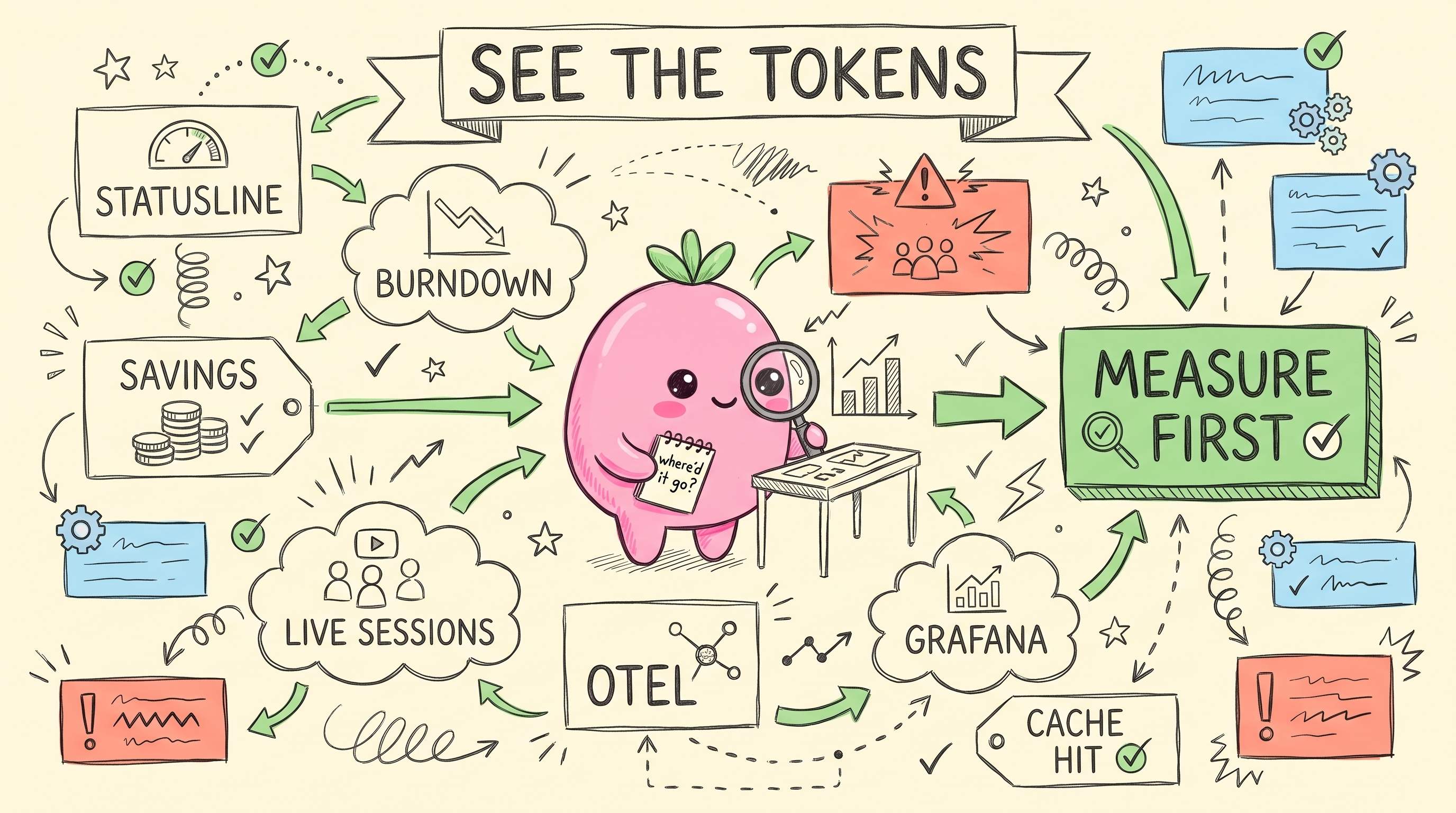 sketchnote: see the tokens - statusline, burndown, savings, live sessions, OTEL, grafana, cache hit, measure first
