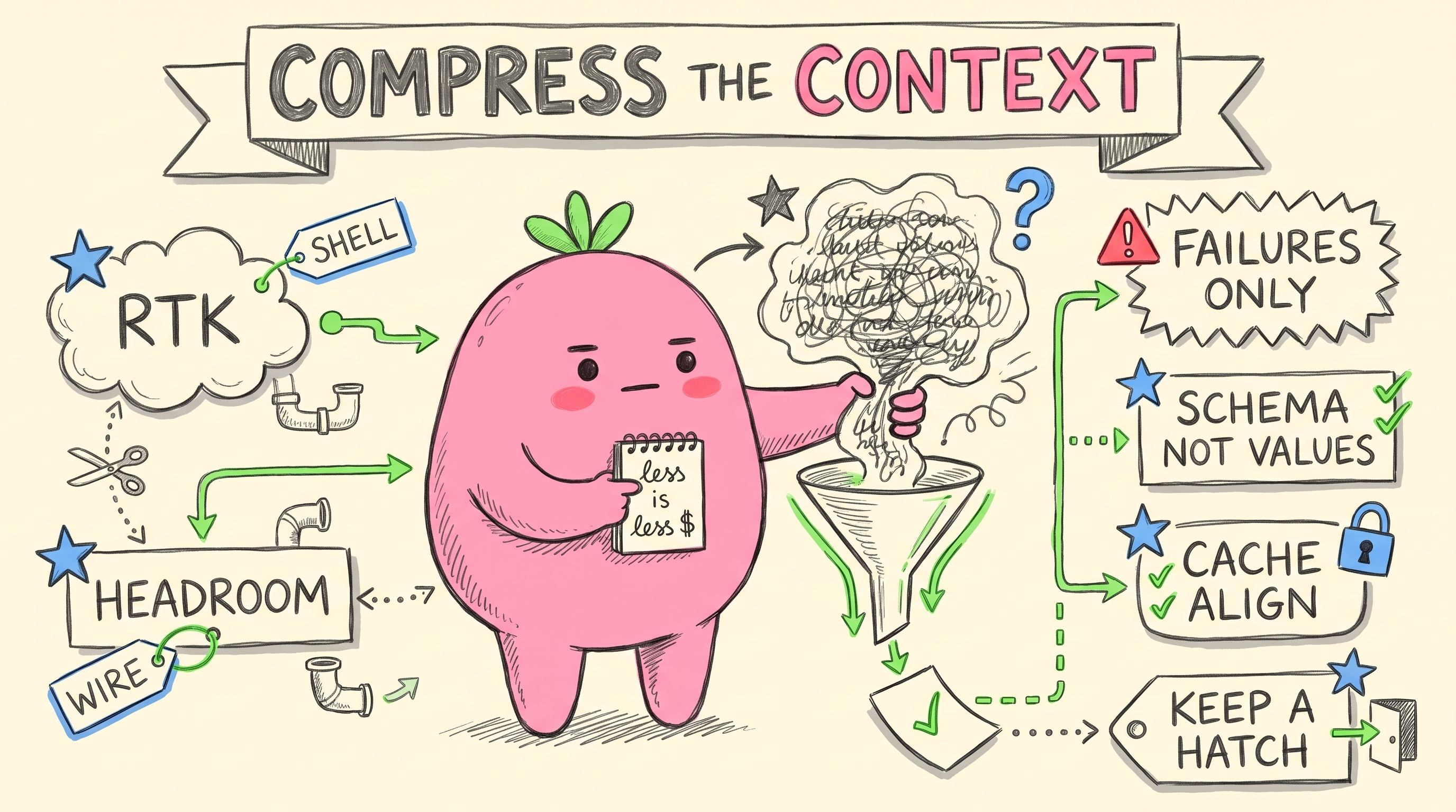 sketchnote: compress the context - rtk at the shell, headroom on the wire, failures only, schema not values, cache align, keep a hatch