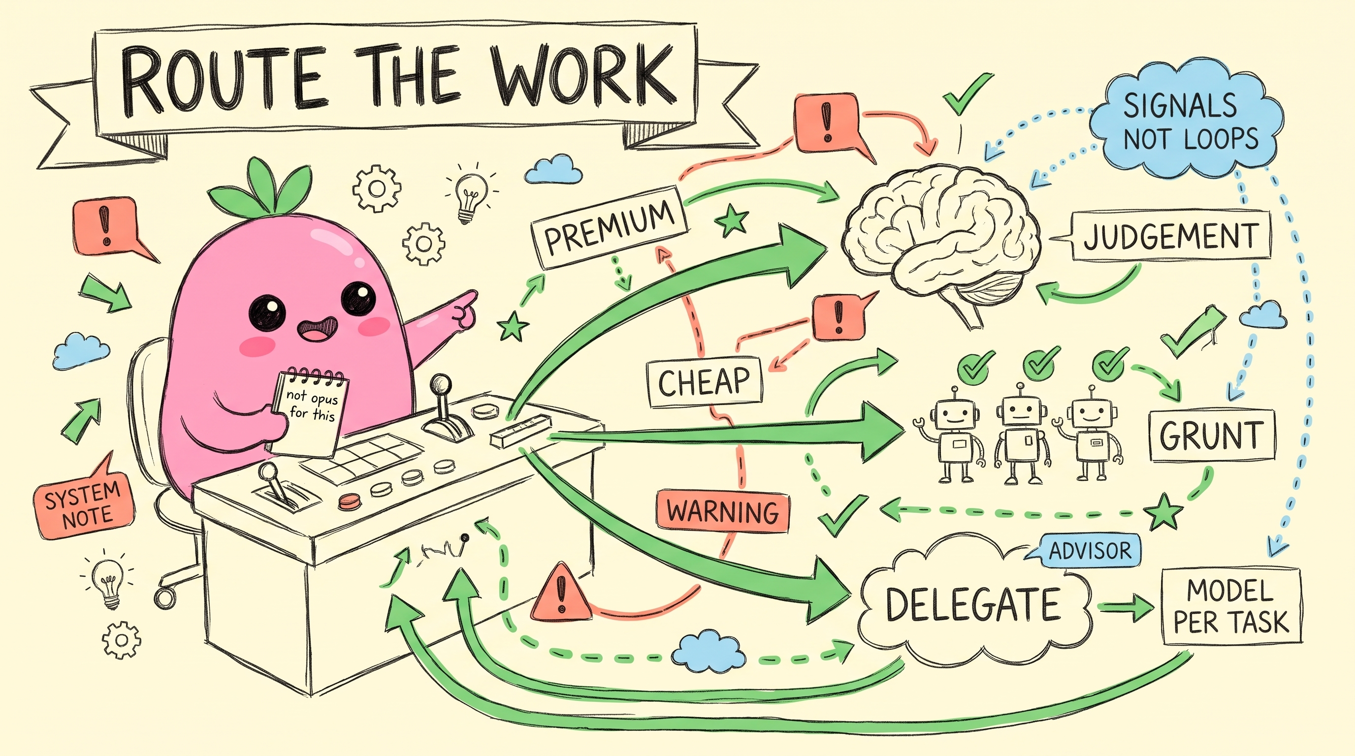 sketchnote: route the work - premium = judgement, cheap = grunt, delegate, advisor, model per task, signals not loops