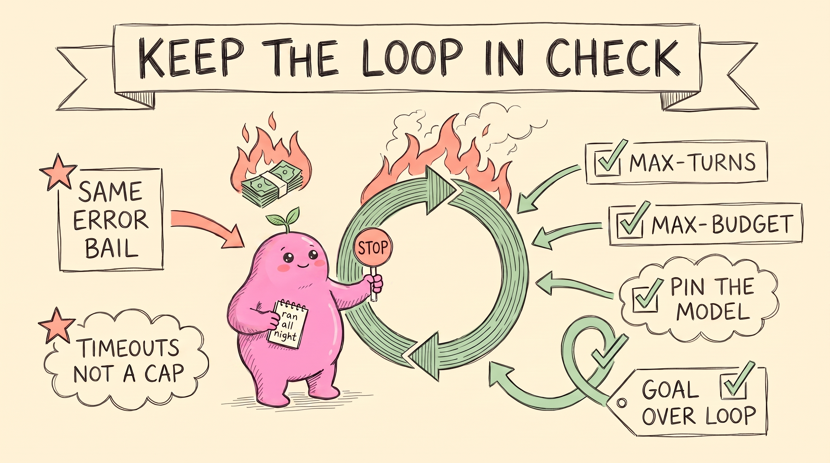 sketchnote: keep the loop in check - same error bail, timeouts not a cap, max-turns, max-budget, pin the model, goal over loop