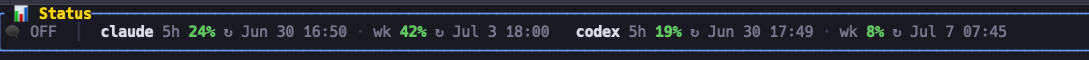 status bar showing claude and codex 5-hour and weekly plan-window usage