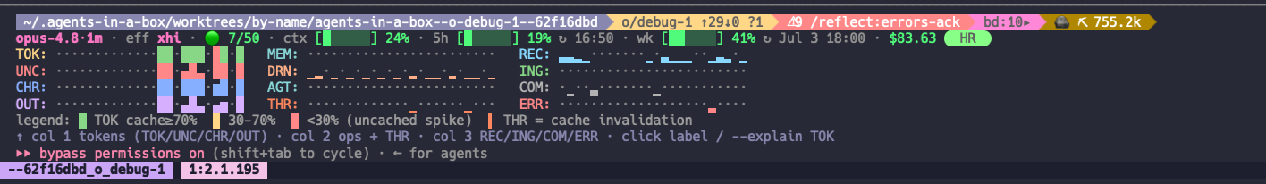 agents-in-a-box statusline showing context %, burn windows, cost and live cache columns