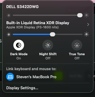 Control Centre showing Universal Control linking keyboard and mouse to Steven's MacBook Pro