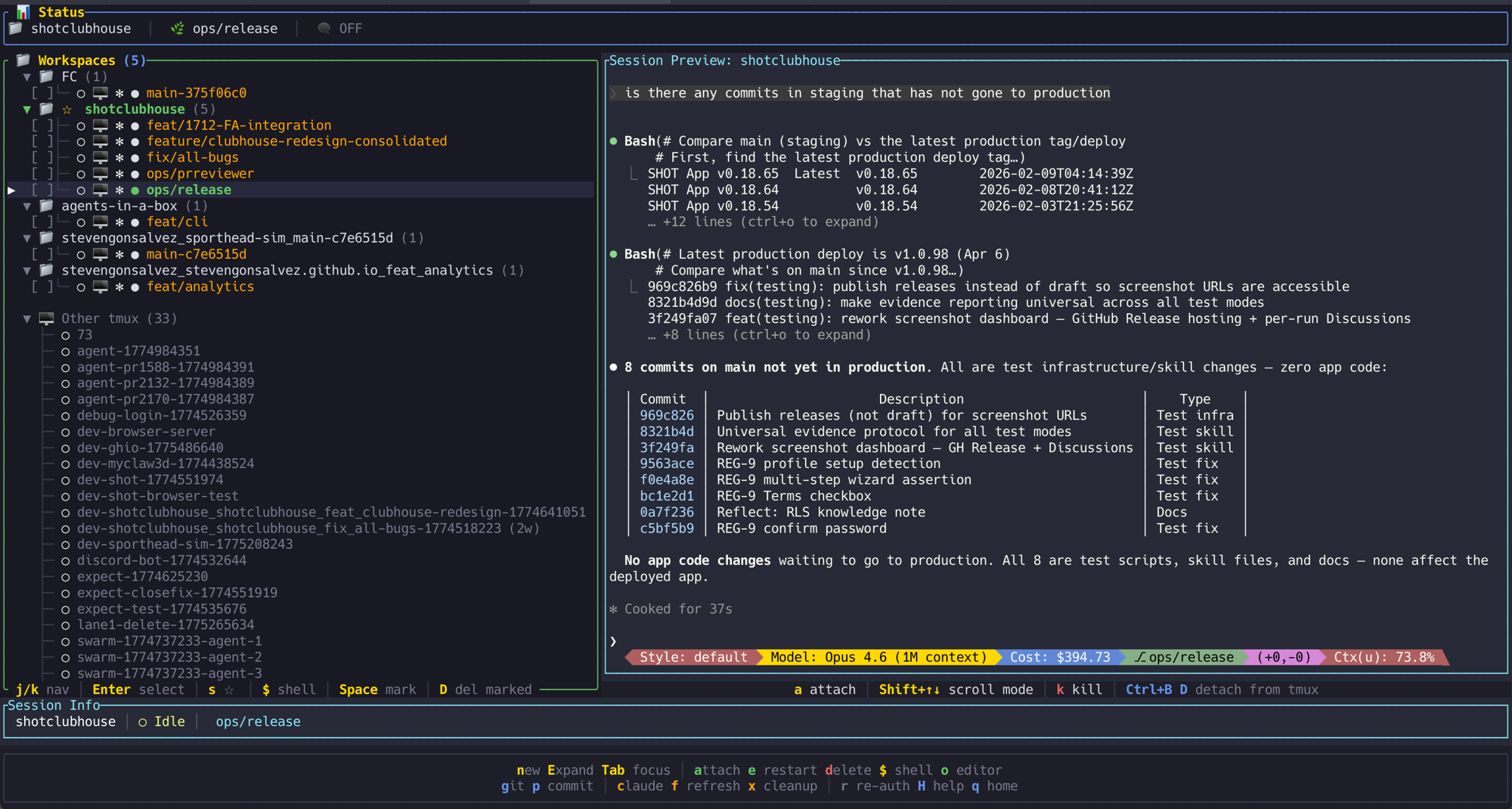 AINB sessions view showing multiple workspaces, branches, and live session preview