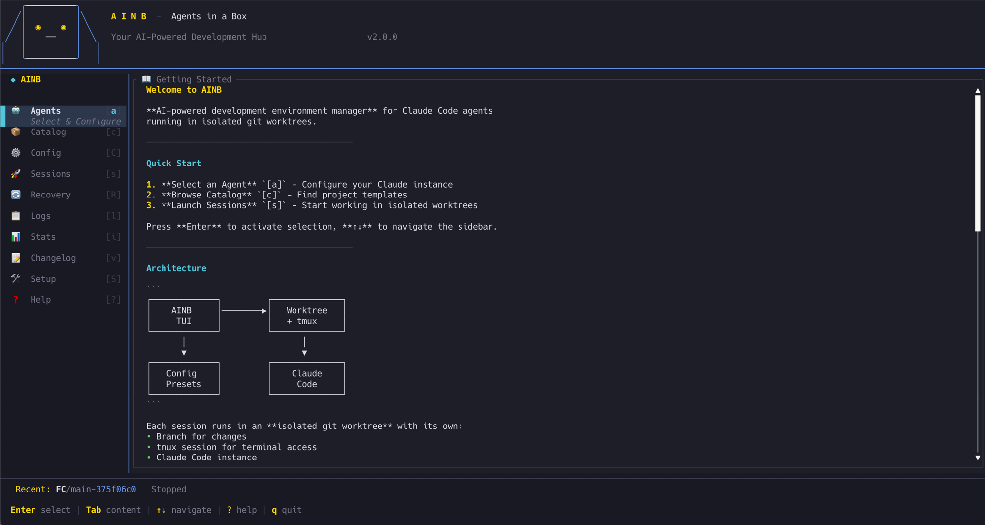 AINB welcome screen showing the TUI with agents, catalog, sessions, and architecture