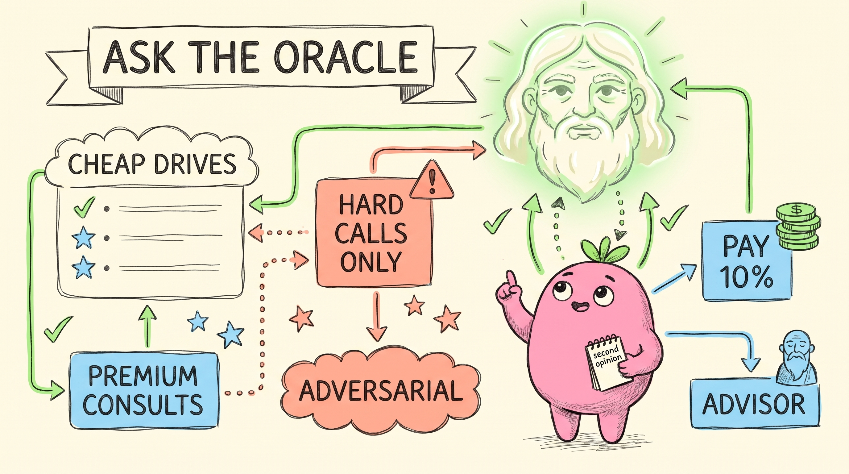sketchnote: ask the oracle - cheap drives, premium consults, hard calls only, adversarial, pay 10%, advisor