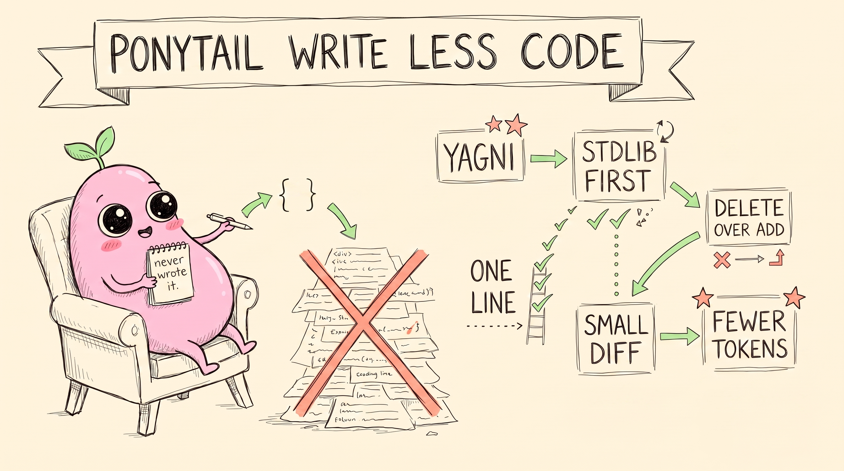 sketchnote: ponytail write less code - YAGNI, stdlib first, one line, delete over add, small diff, fewer tokens