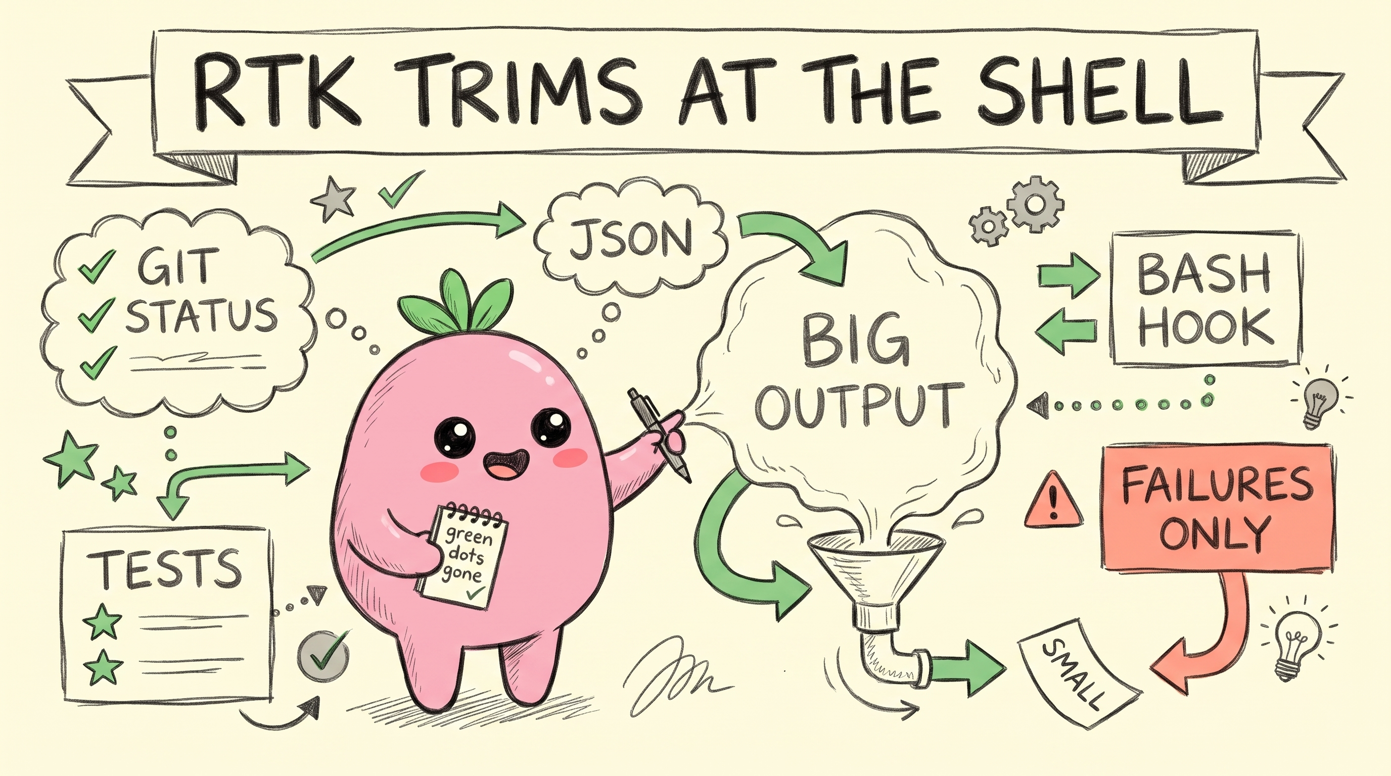sketchnote: rtk trims at the shell - git status, tests, JSON, bash hook, failures only, big output to small